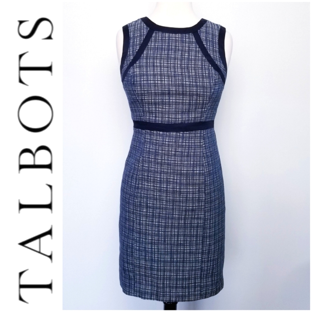 Talbots Sleeveless Linen Blend Blue Plaid Fitted Dress With Navy Trim 4P